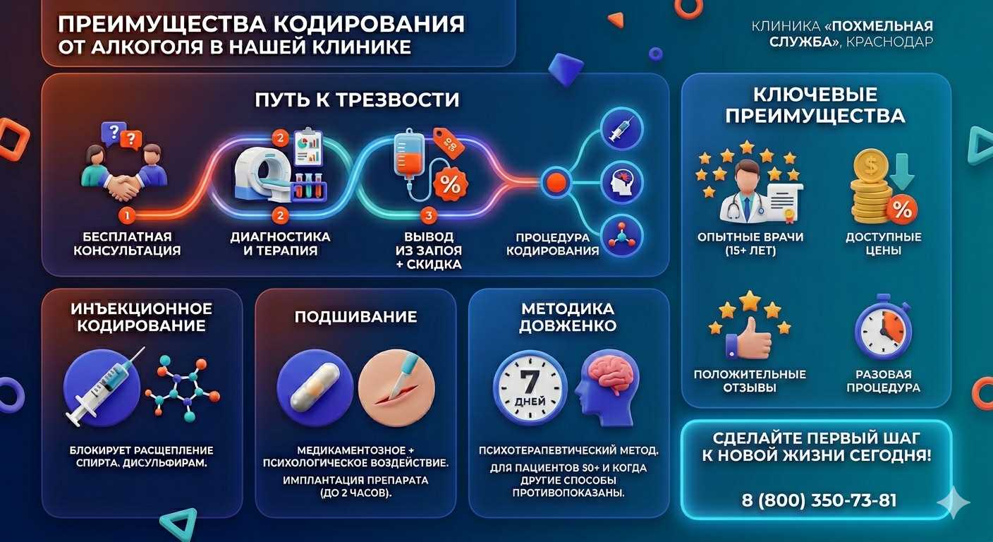 Инфографика о методах кодирования от алкоголя в Арске: инъекции, подшивание, метод Довженко. Преимущества клиники и этапы лечения.